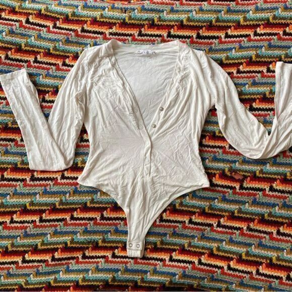 Good American Deep V Henley Bodysuit Size 2 Small White Thong - Picture 1 of 9